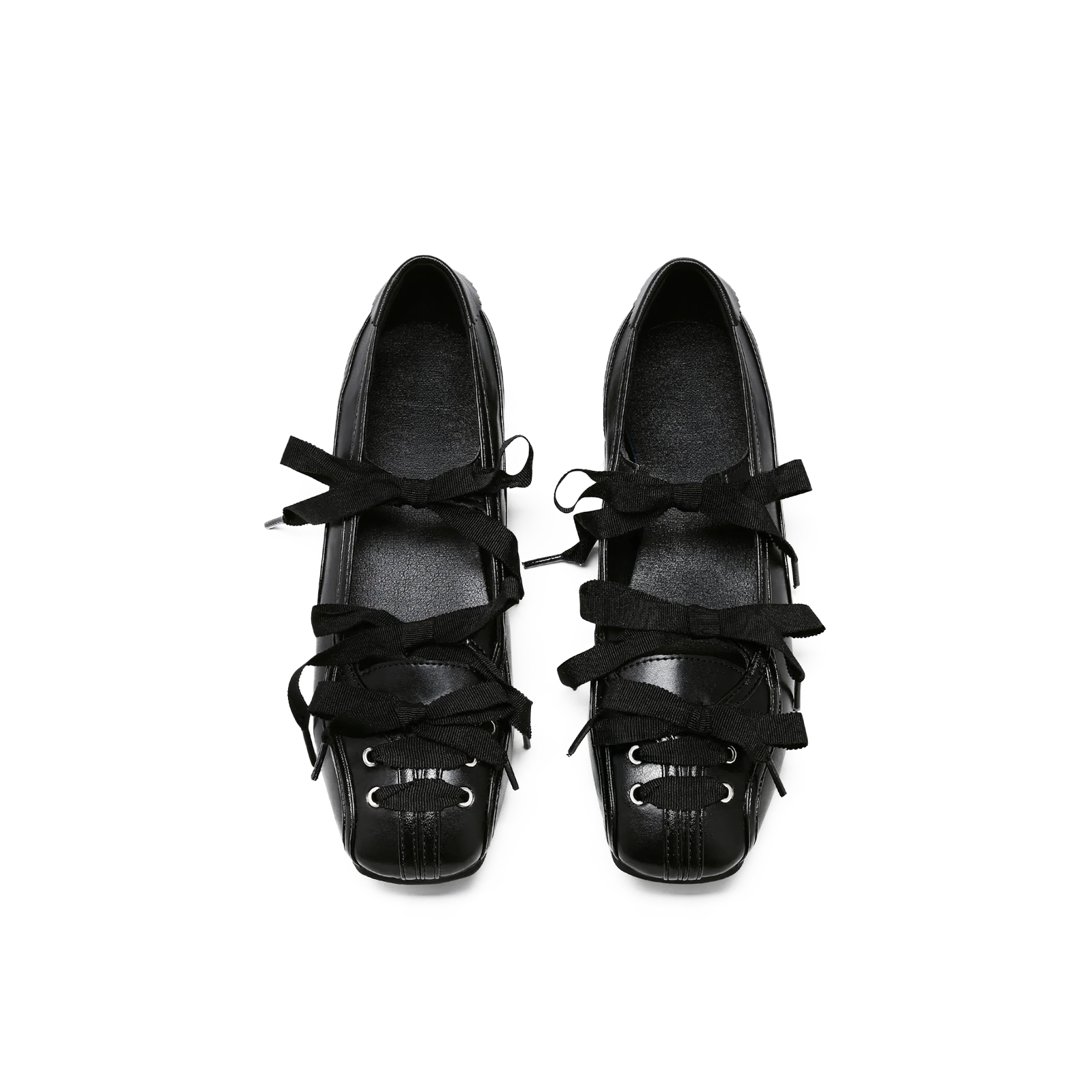 Lace up flats in black patent leather — square toe balletcore silhouette, top view