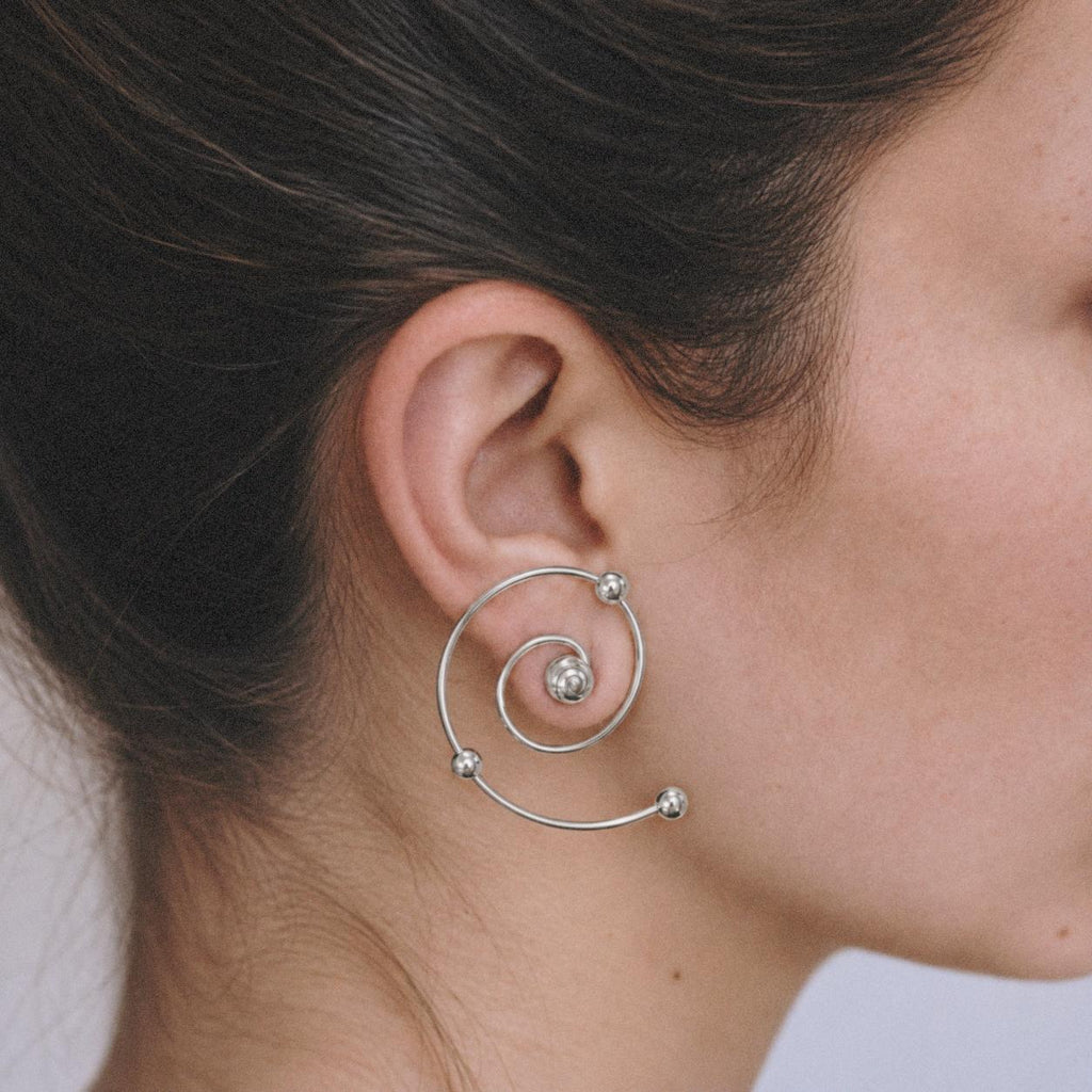 Model wearing the Wire Spiral Ear Climbers along the curve of her ear