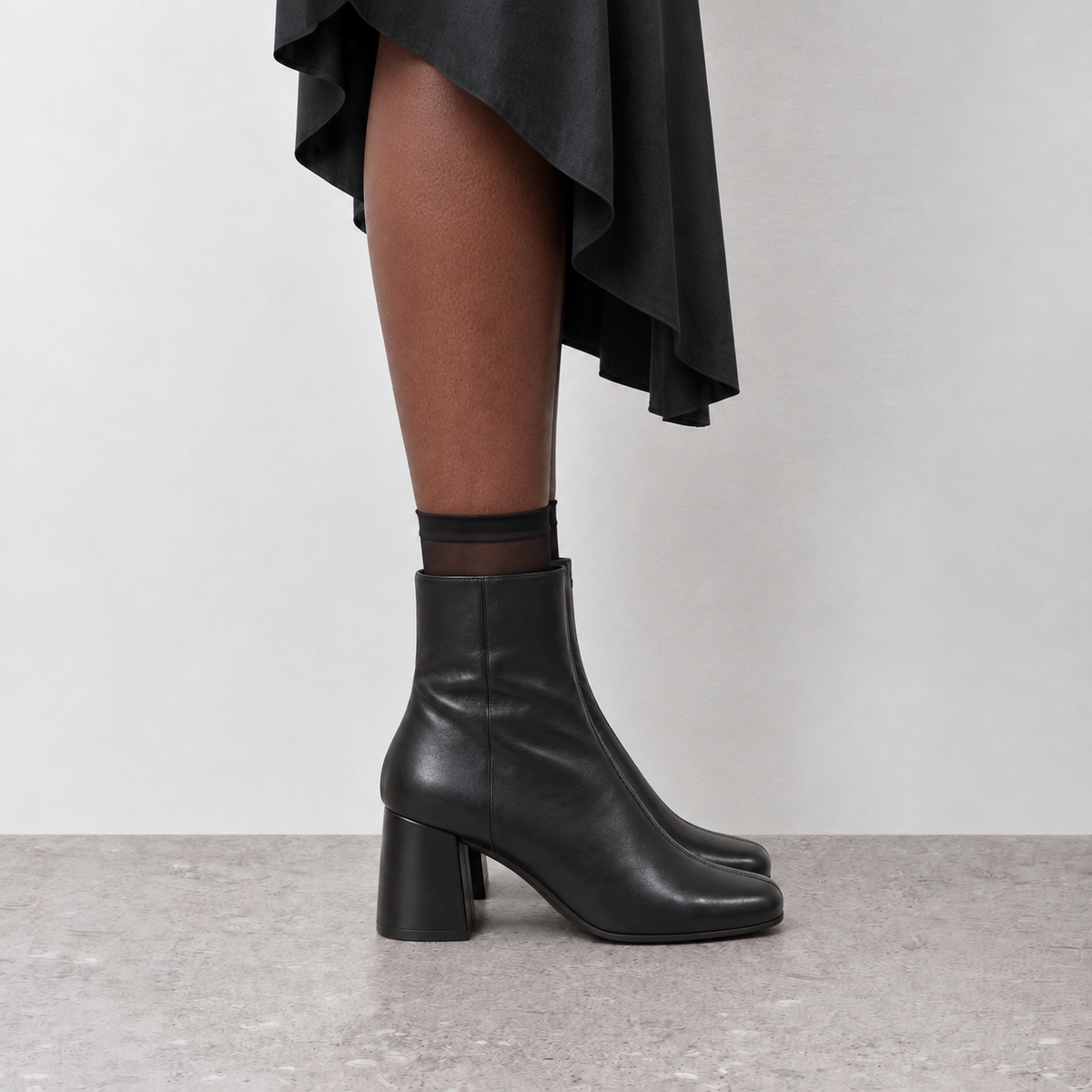 Lil Cacti Pippa Round-Toe Block-Heel Ankle Boots in Black model styling view 2