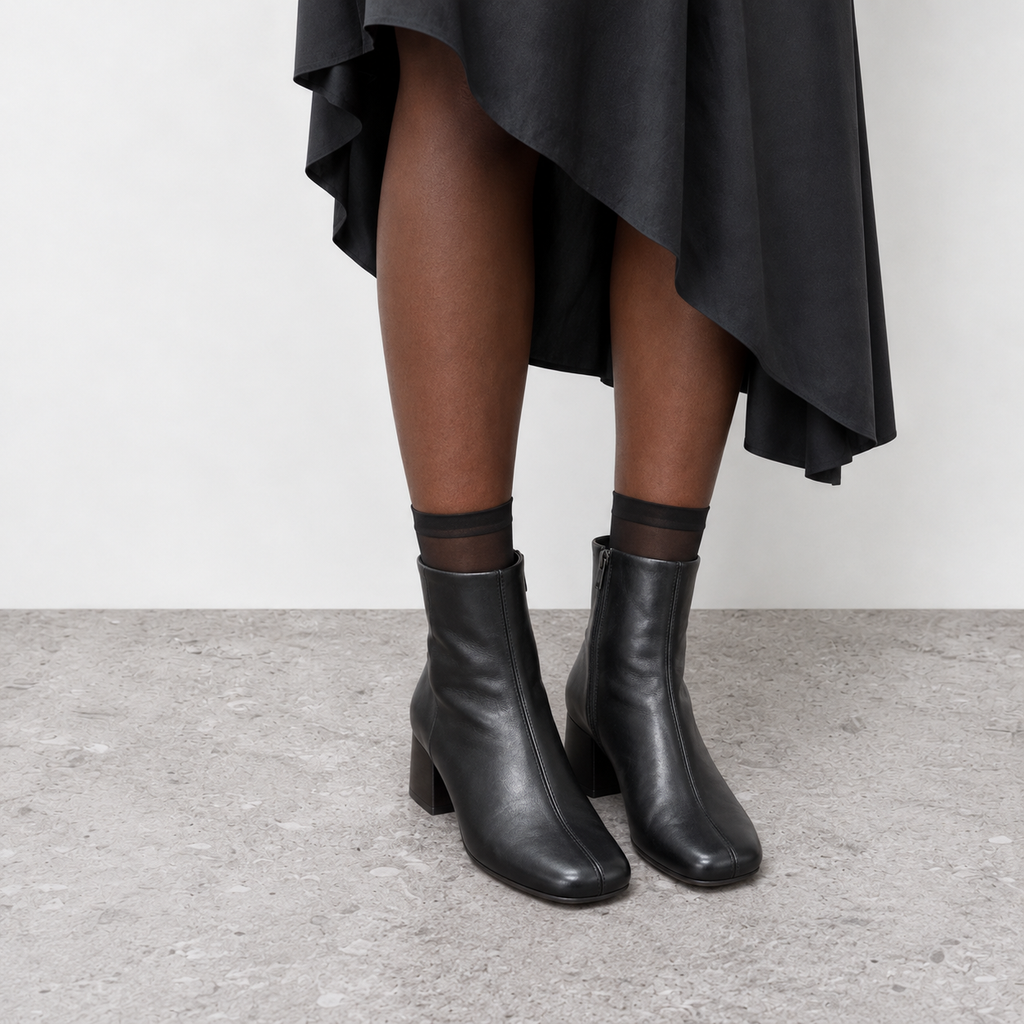 Lil Cacti Pippa Round-Toe Block-Heel Ankle Boots in Black model styling view 3