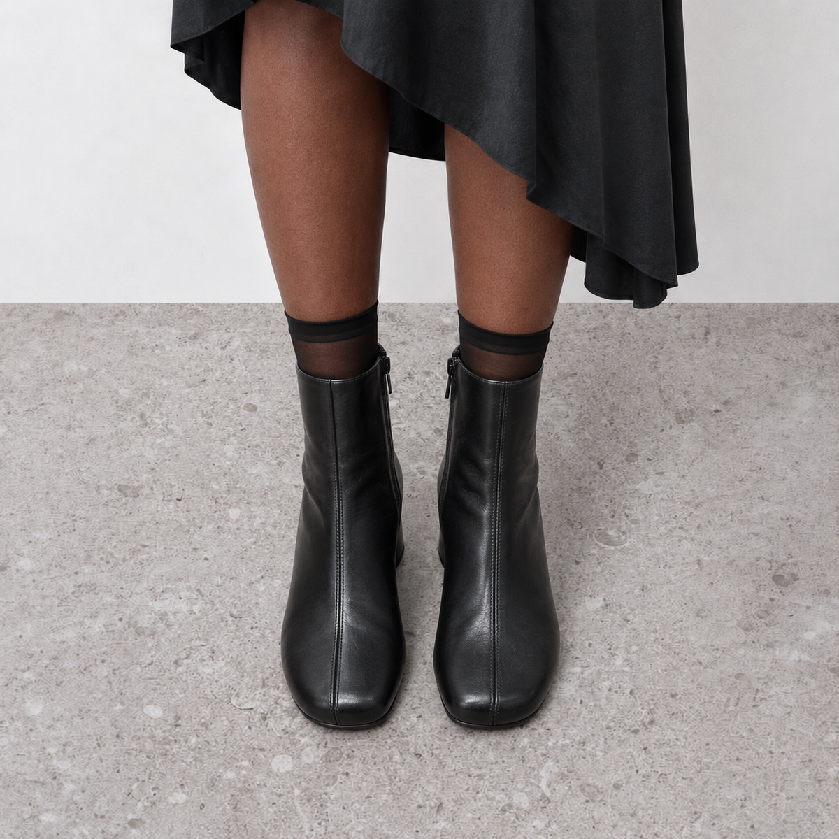 Lil Cacti Pippa Round-Toe Block-Heel Ankle Boots in Black model styling view 4