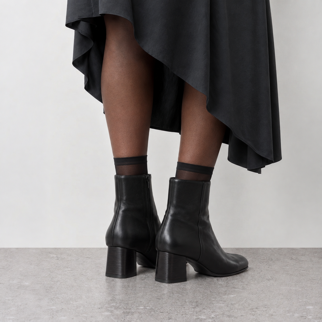 Lil Cacti Pippa Round-Toe Block-Heel Ankle Boots in Black model styling view 5