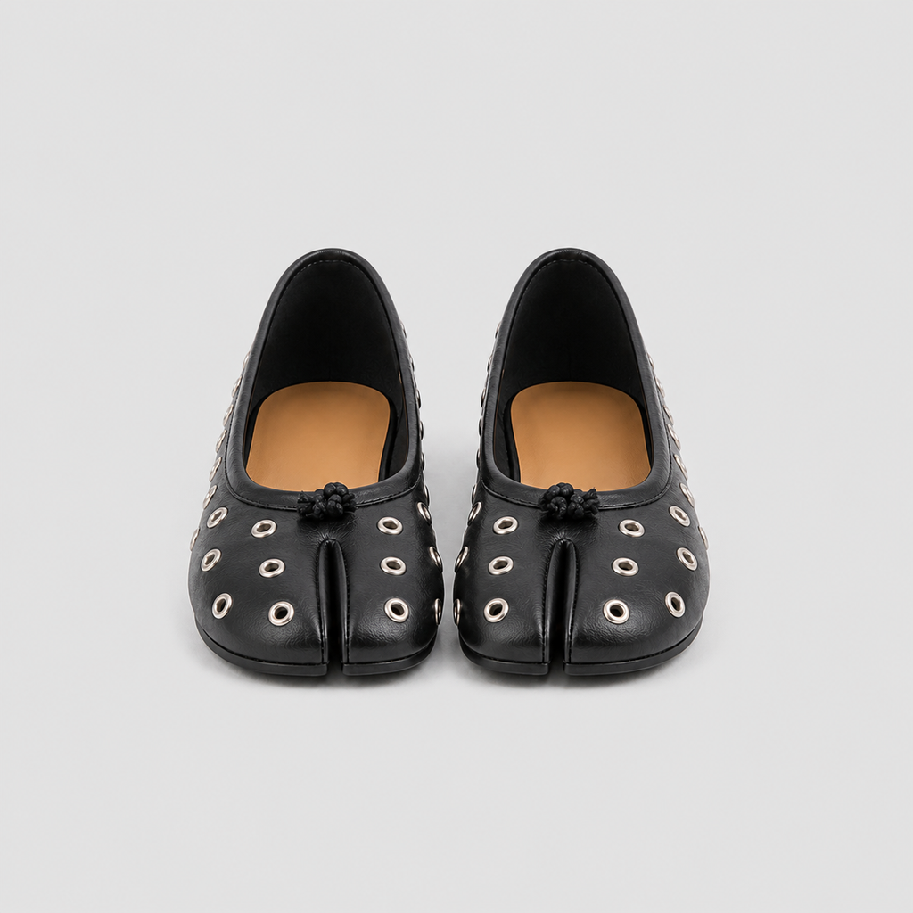 Front view of both Lil Cacti tabi ballet flats showing the camel sheepskin lining