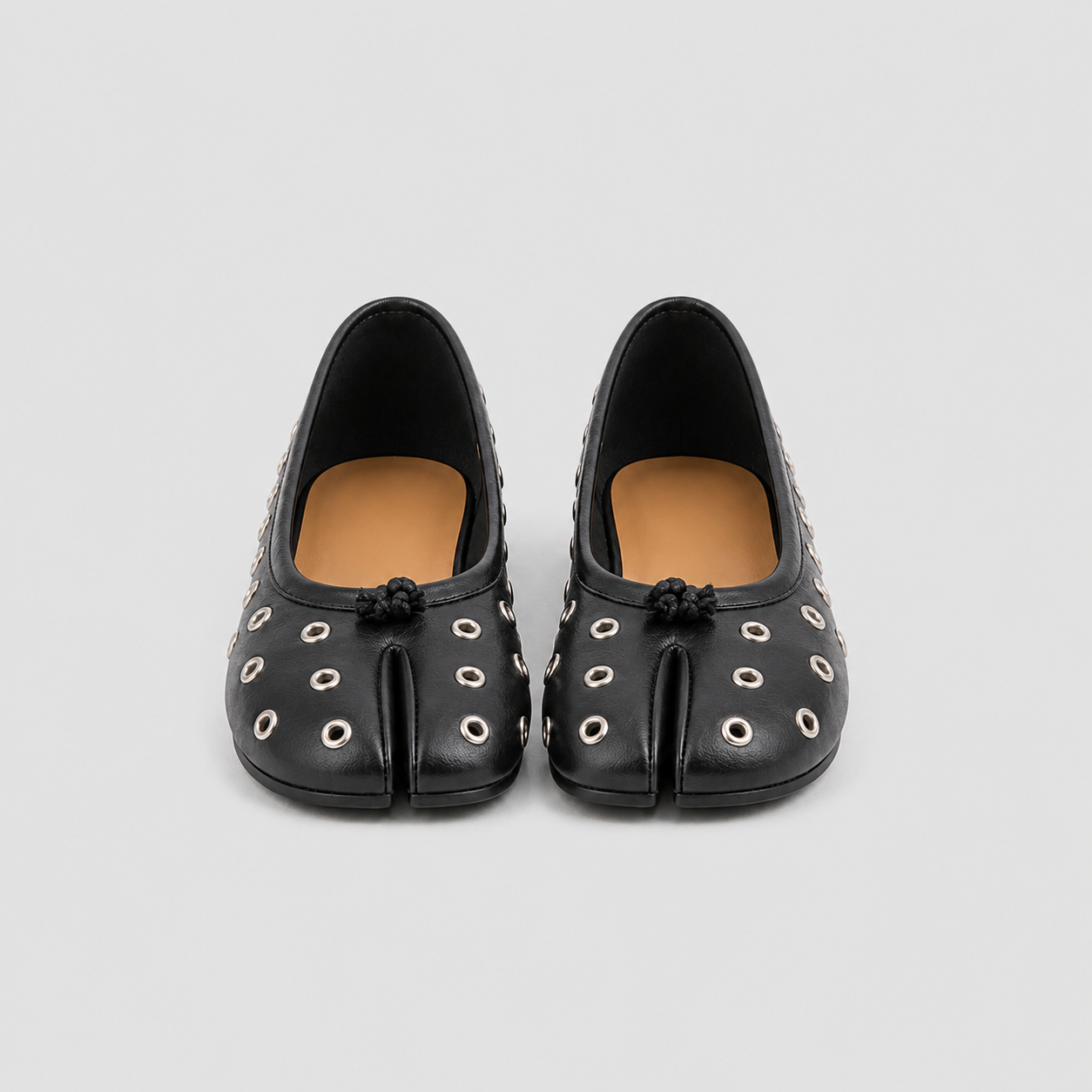 Front view of both Lil Cacti tabi ballet flats showing the camel sheepskin lining