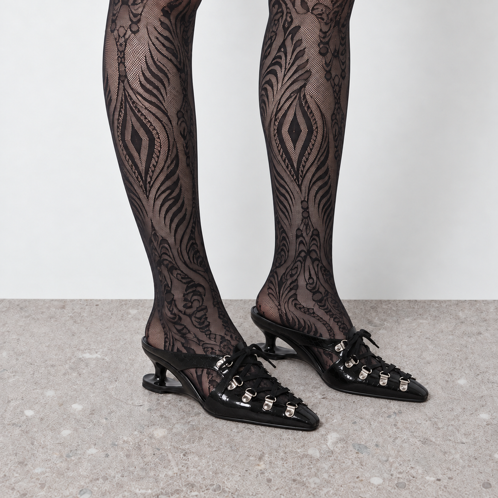 Lil Cacti Rosette Floral Lace Tights in Black model styling view 2