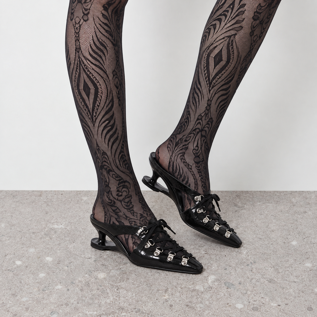 Lil Cacti Rosette Floral Lace Tights in Black model styling view 3