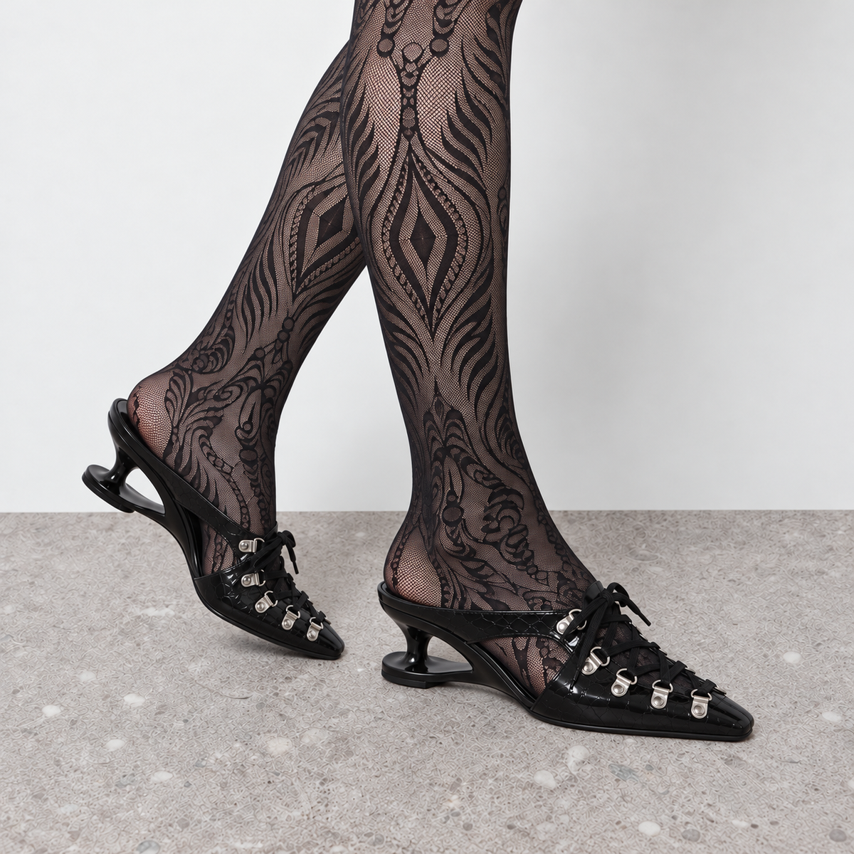 Lil Cacti Rosette Floral Lace Tights in Black model styling view 4
