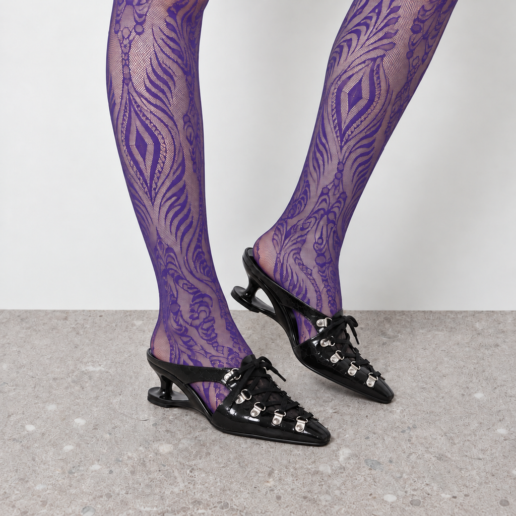 Lil Cacti Rosette Floral Lace Tights in Purple model styling view 7