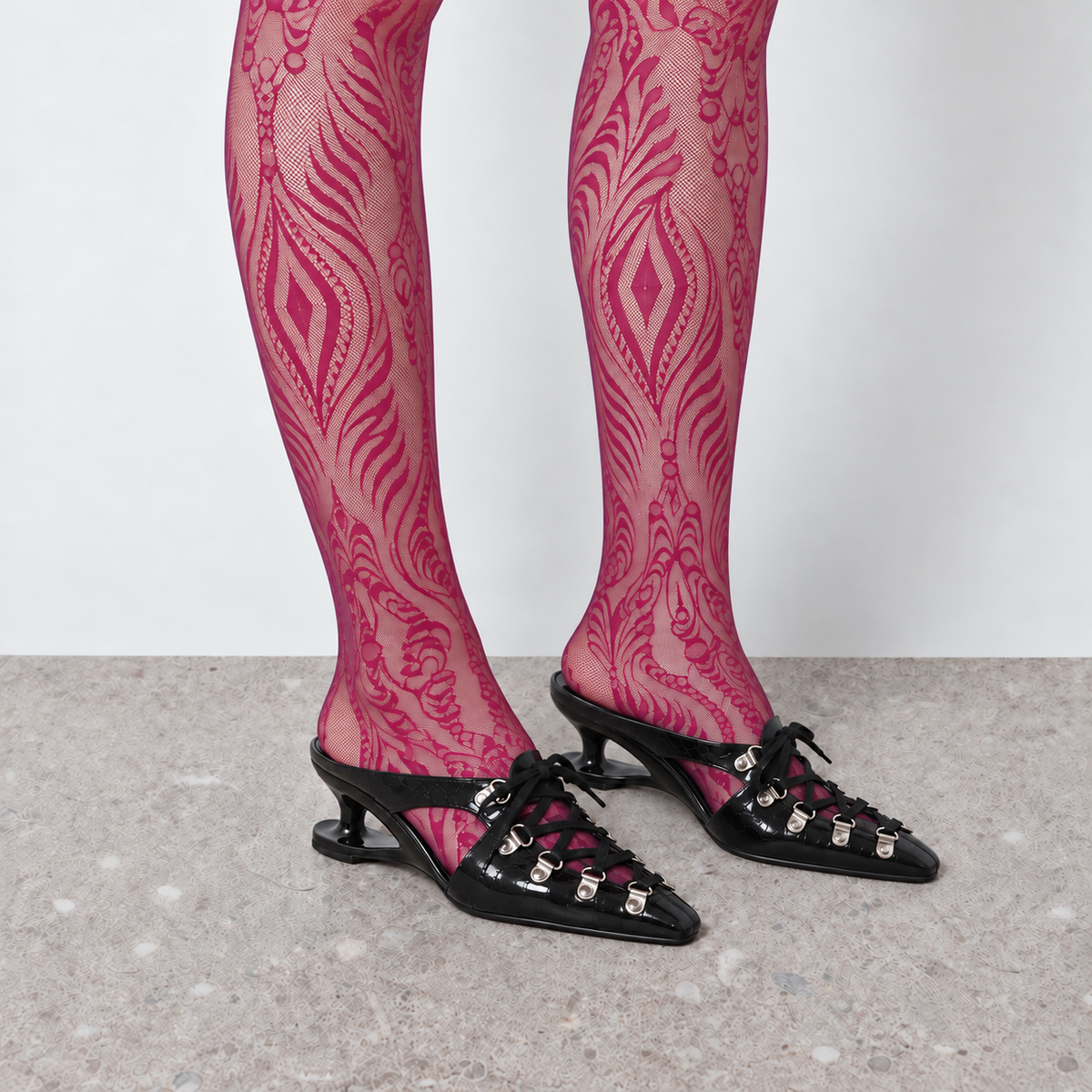Lil Cacti Rosette Floral Lace Tights in Rose Red model styling view 10