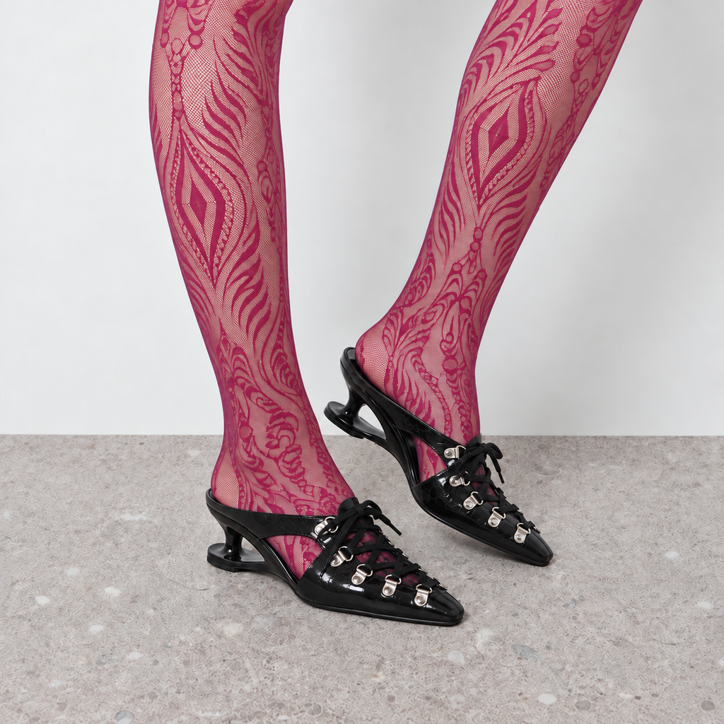Lil Cacti Rosette Floral Lace Tights in Rose Red model styling view 11