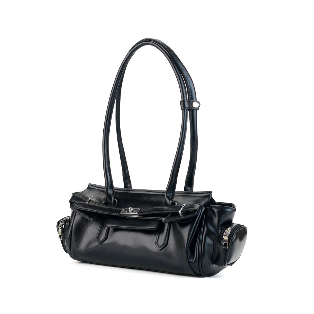 Side profile of Orlena black baguette bag showing slim structured silhouette — Lil Cacti