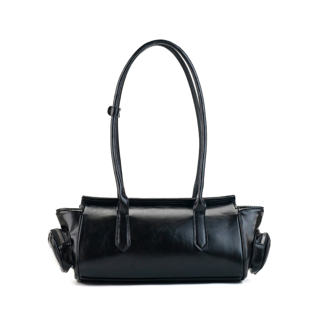 Orlena baguette bag top-down view with shoulder strap, minimal dark aesthetic