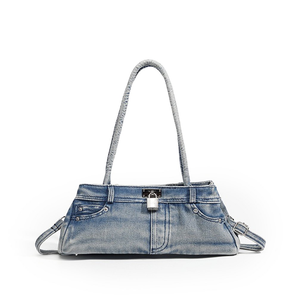 Denim handbag with a gray handle on a white background