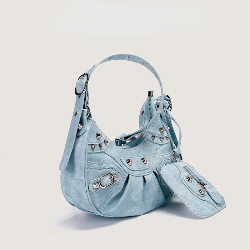 Rivet Tassel Crescent Shoulder Bag