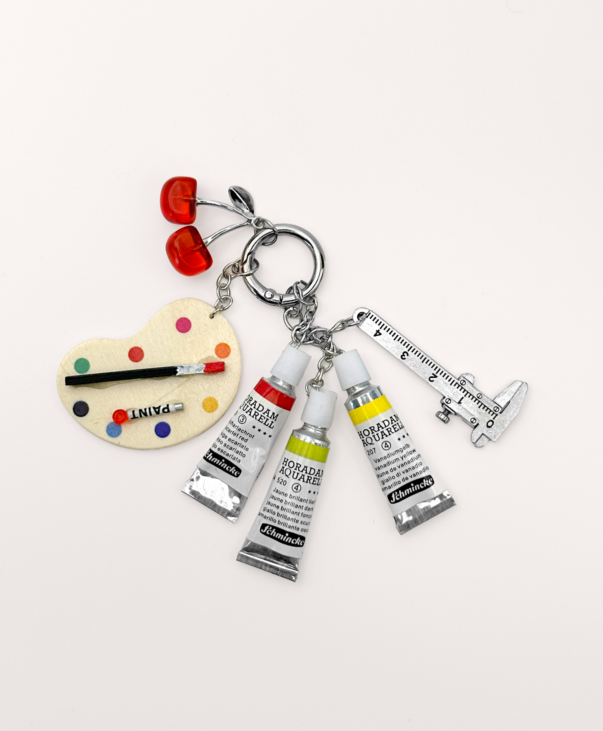 Y2k aesthetic paint palette Bag Charm with mini art tubes, paint palette, cherry and ruler