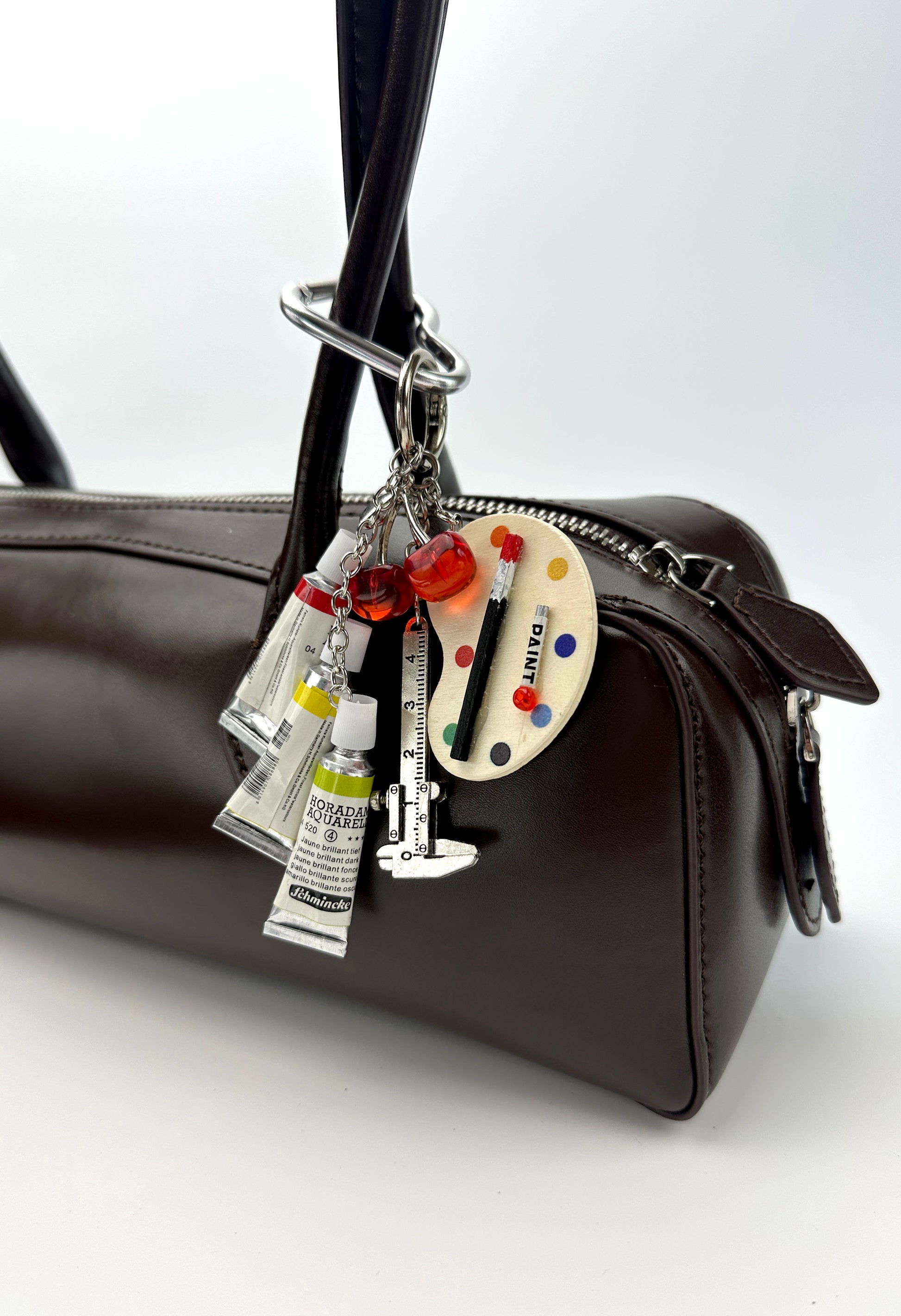 Y2k aesthetic paint palette Bag Charm with mini art tubes, paint palette, cherry and ruler
